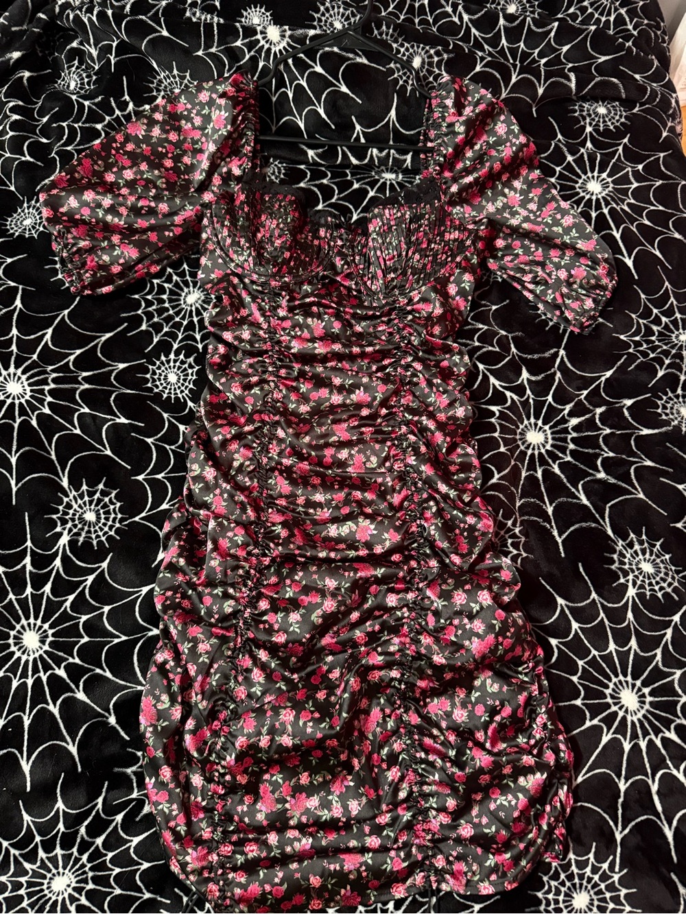 For Love & Lemons Black Dress with Pink Floral Print